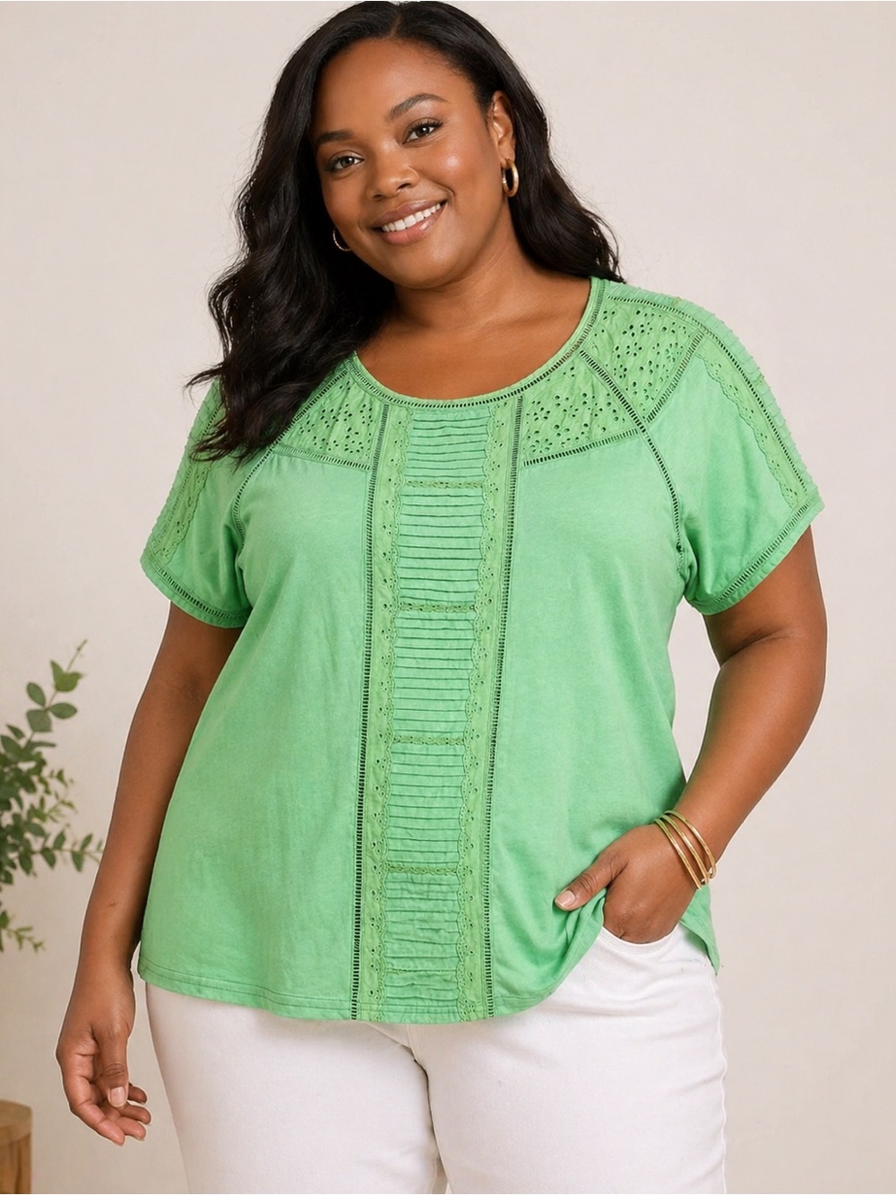 Roaman’s Eyelet Lace Trim Top 2X Green Short Sleeve Plus Size